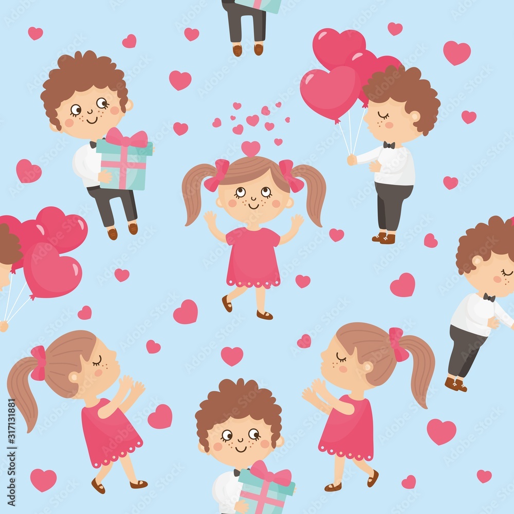 Seamless pattern for Valentine's Day. Bright illustration with romantic couple. Valentines girl and boy. Background for fabric print, texture and wrapping paper. Seamless pattern for Valentine's Day. Bright illustration with romantic couple. Valentines girl and boy. Background for fabric print, texture and wrapping paper.