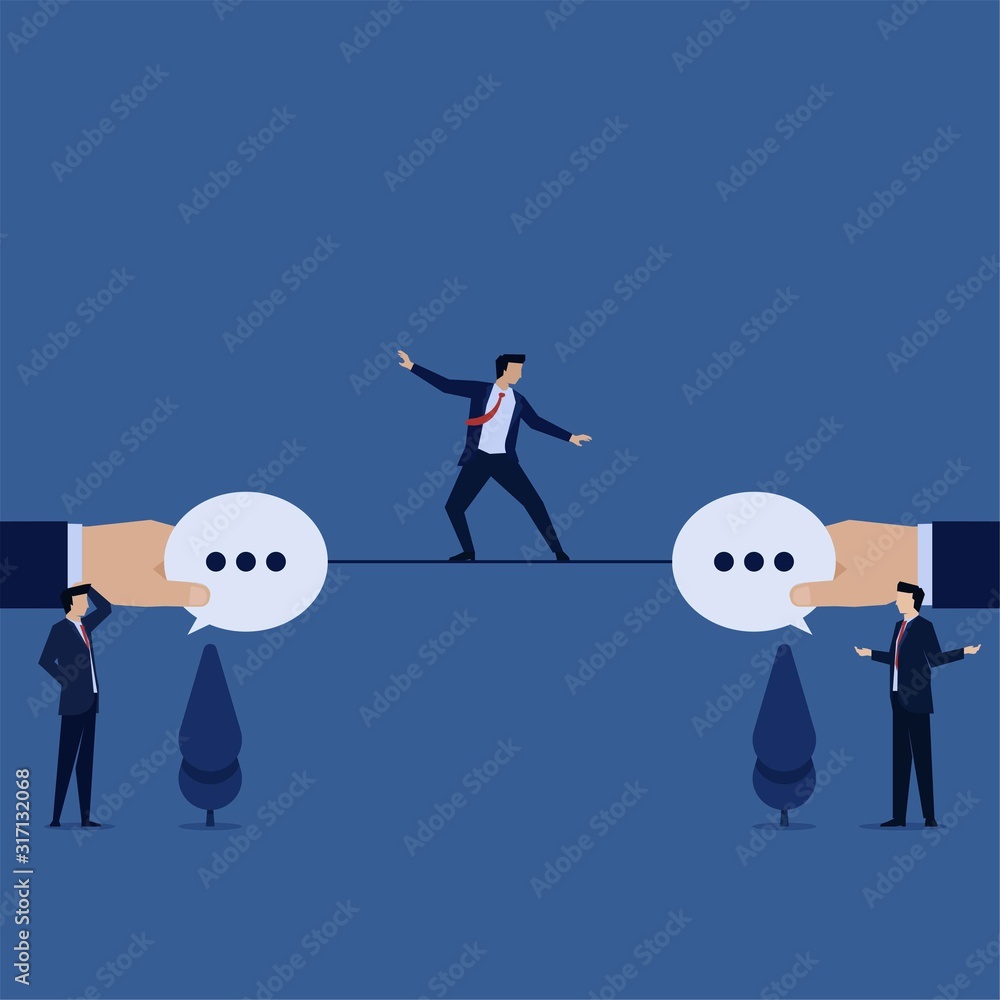 Business flat vector concept man juggling on the rope between to chat bubble metaphor of communication. Business flat vector concept man juggling on the rope between to chat bubble metaphor of communication.