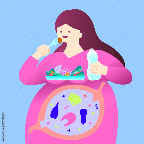 We use disposable plastic every day. Health risk of micro plastic pieces in food. Editable vector illustration.
