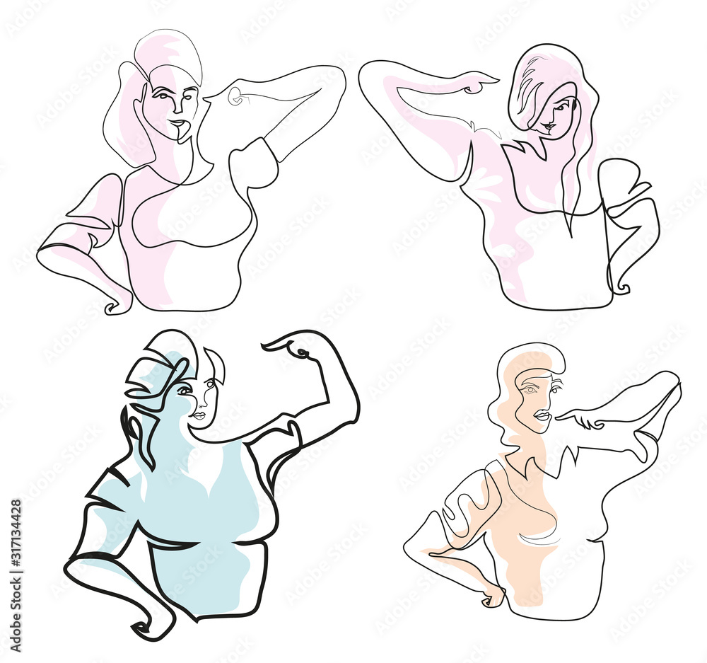One continuous line drawing of happy woman pointing oneself with fingers proud. Simple line art drawing of happy woman pointing oneself with fingers proud. One continuous line drawing of happy woman pointing oneself with fingers proud. Simple line art drawing of happy woman pointing oneself with fingers proud.