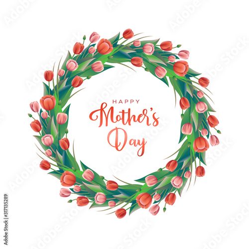 Happy Mother's Day greeting card with a wreath of pink and red tulips