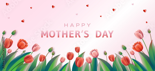 Happy Mothers day greeting card with red tulips on the pink background. Vector illustration in a modern style