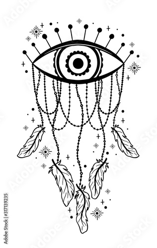 Mystic dream Catcher.Hand draw vintage line style.Boho ethnic amulet.