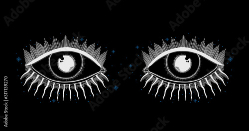 Evil Seeing eye symbol. Occult mystic emblem, graphic design tattoo. Esoteric sign alchemy, decorative style, providence sight.