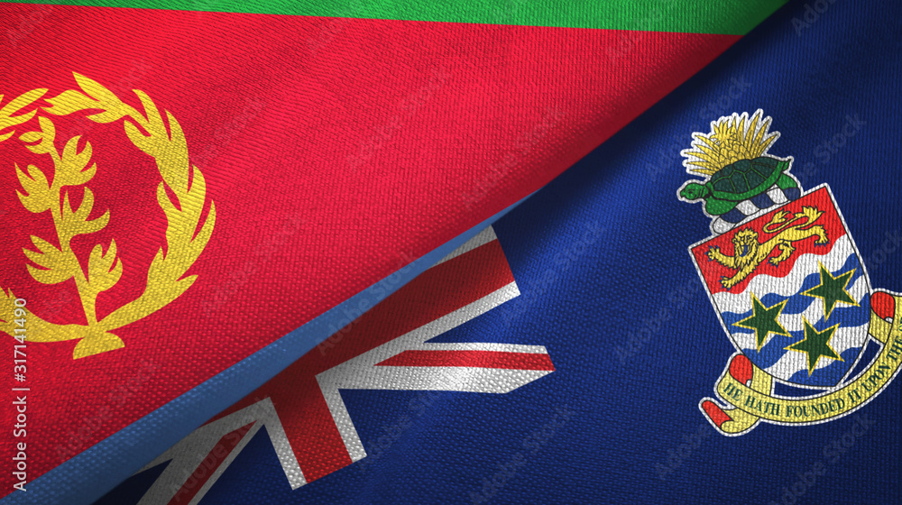 Eritrea and Cayman Islands two flags textile cloth, fabric texture Eritrea and Cayman Islands two flags textile cloth, fabric texture