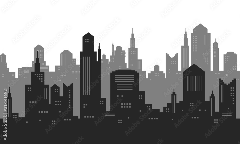 City silhouette black and white color background with many window