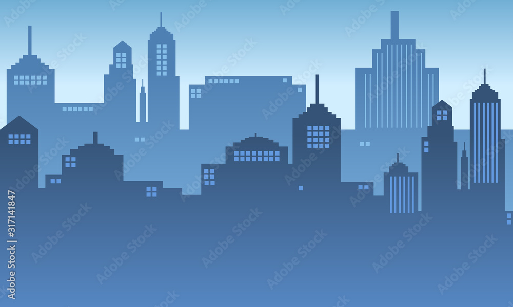City silhouette of morning time with gradient color of blue and white