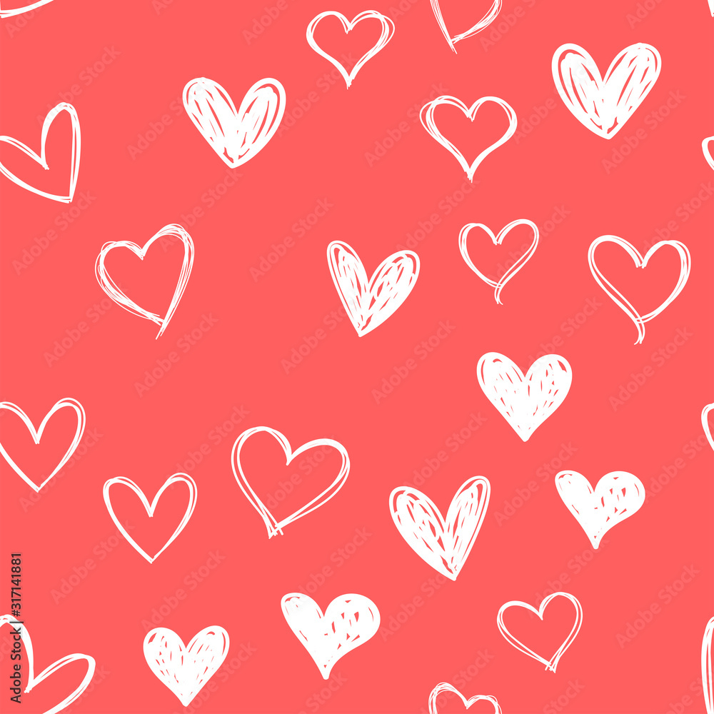 Heart doodles seamless pattern. Hand drawn valentine's day love hearts texture. 