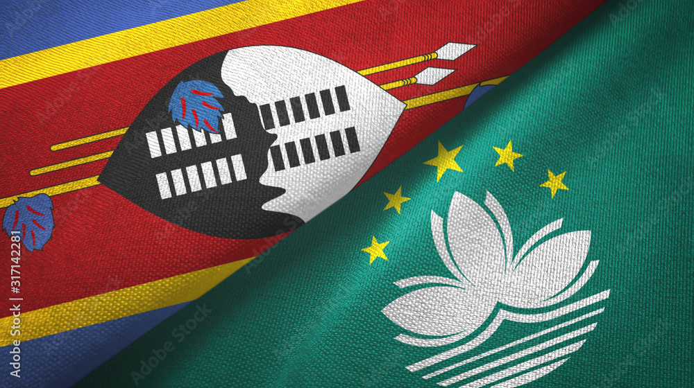 Eswatini and Macau two flags textile cloth, fabric texture Eswatini and Macau two flags textile cloth, fabric texture