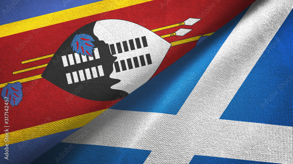 Fototapeta premium Eswatini and Scotland two flags textile cloth, fabric texture