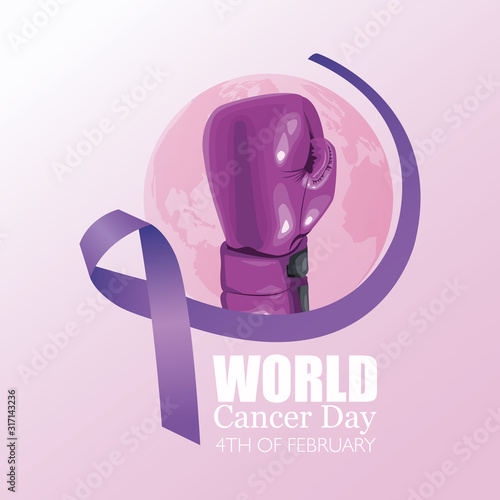 world cancer day poster with glove boxing and ribbon