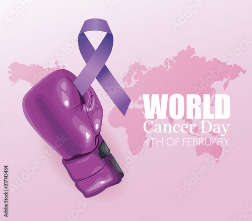 world cancer day poster with glove boxing and ribbon