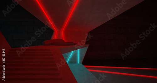 Fototapeta Naklejka Na Ścianę i Meble -  Abstract architectural concrete interior of a minimalist house with colored neon lighting. 3D illustration and rendering.