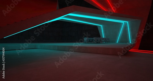 Abstract architectural concrete interior of a minimalist house with colored neon lighting. 3D illustration and rendering.