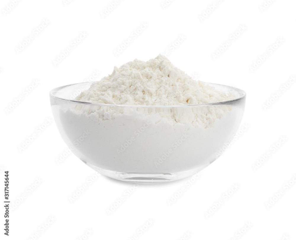 Organic flour in glass bowl isolated on white Organic flour in glass bowl isolated on white