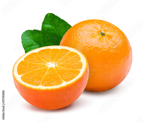Orange fruit and cut in half with leaves isolated on white background. Ripe orange clipping path.