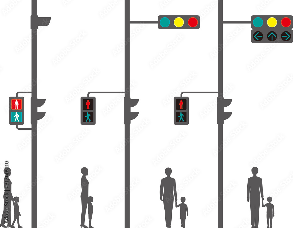横型信号機 歩行者用信号機 矢印式信号機と歩行者 Stock ベクター Adobe Stock
