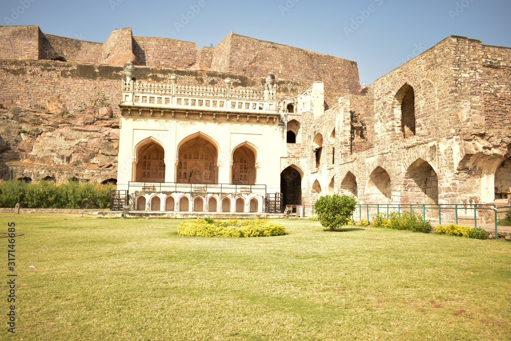 Old Ancient Antique Historical Ruined Architecture of Golconda Fort Walls