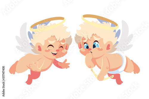 cute cupid angels in different poses on white background