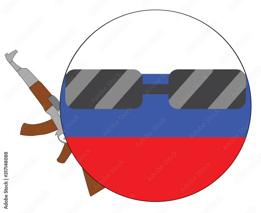 Cool Russia flag emoji. Round Russian flag emoticon wearing sunglasses and  holding a machine gun. Expression of protest, fighting for freedom,  independence, patriotism and Russian culture. Stock Vector