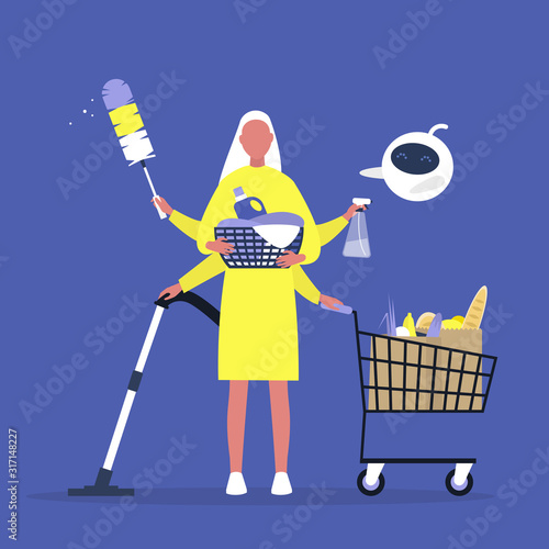 Robotic assistant helping a female character with daily routine tasks, domestic chores