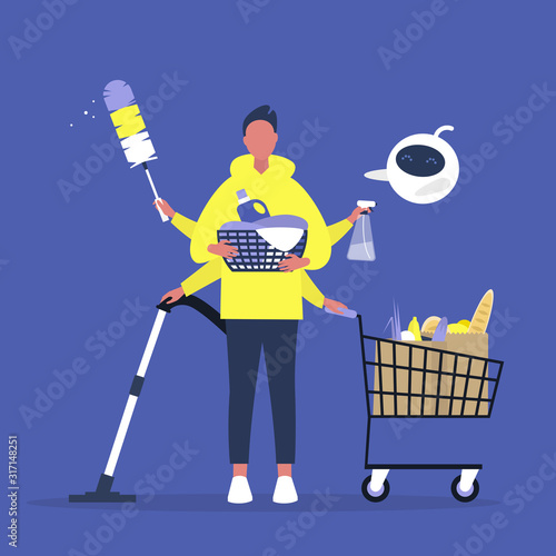 Robotic assistant helping a male character with daily routine tasks, domestic chores
