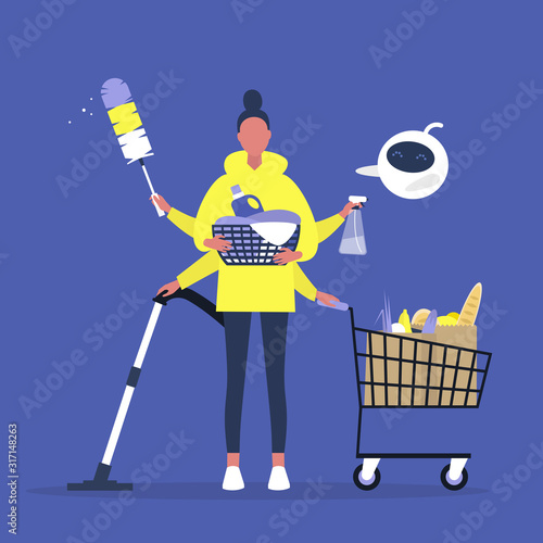 Robotic assistant helping a female character with daily routine tasks, domestic chores