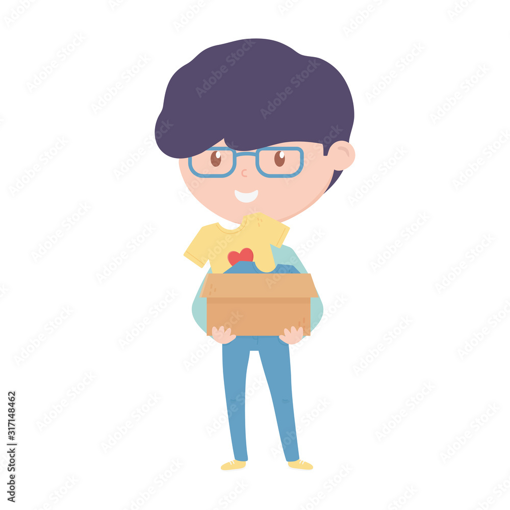 young man holding box with clothes charity and donation young man holding box with clothes charity and donation