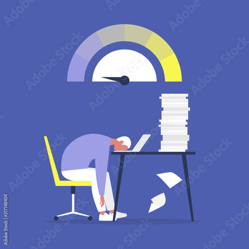 Professional burnout, Young exhausted male manager sitting at the desk in the office, Long working day, Millennials at work