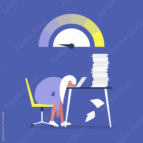 Professional burnout, Young exhausted female manager sitting at the desk in the office, Long working day, Millennials at work