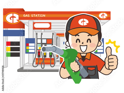 ガソリンスタンドの男性スタッフと店舗