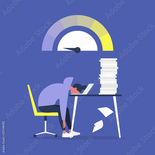 Professional burnout, Young exhausted female manager sitting at the desk in the office, Long working day, Millennials at work