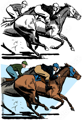 Two jockeys ride their horses in a close race.