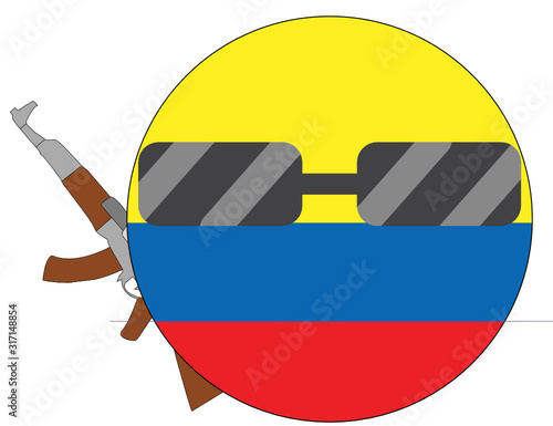 Cool Colombia flag emoji. Round Colombian flag emoticon wearing sunglasses and holding a machine gun. Expression of protest, fighting for freedom, independence, patriotism and Colombian culture.
