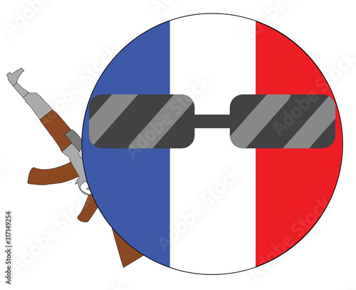 Cool France flag emoji. Round French flag emoticon wearing sunglasses and holding a machine gun. Expression of protest, fighting for freedom, independence, patriotism and French culture.