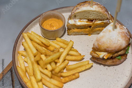 Juicy Chicken Burger with french fries and mayonnaise