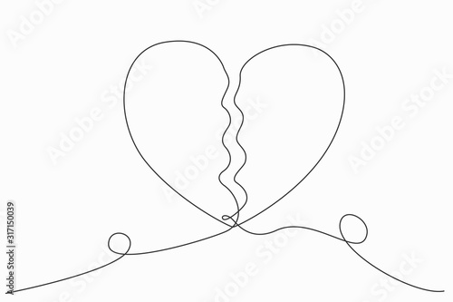 Continuous line or one line art of Broken heart. Sadness. Feeling sorry for broken love. Vector illustration.