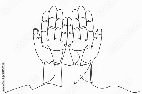 Continuous line art or One Line Drawing of prayer hand worship Christian. Eucharist Therapy Bless God Helping Repent Catholic Easter Lent Mind Pray. linear style and Hand drawn. Vector illustrations.