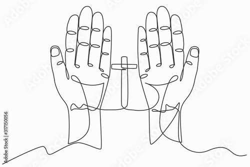 Continuous line art or One Line Drawing of prayer hand worship Christian. Eucharist Therapy Bless God Helping Repent Catholic Easter Lent Mind Pray. linear style and Hand drawn. Vector illustrations.