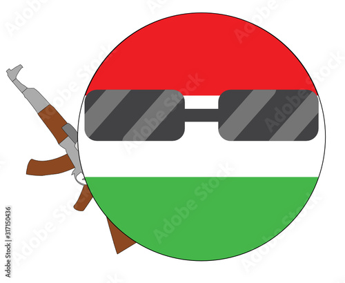 Cool Hungary flag emoji. Round Hungarian flag emoticon wearing sunglasses and holding a machine gun. Expression of protest, fighting for freedom, independence, patriotism and Hungarian culture.