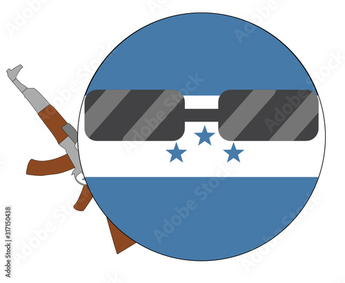 Cool Honduras flag emoji. Round Honduran flag emoticon wearing sunglasses and holding a machine gun. Expression of protest, fighting for freedom, independence, patriotism and Honduran culture.
