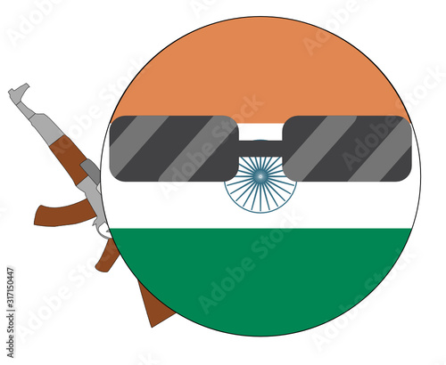 Cool India flag emoji. Round Indian flag emoticon wearing sunglasses and holding a machine gun. Expression of protest, fighting for freedom, independence, patriotism and Hindu culture.