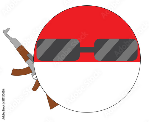 Cool Indonesia flag emoji. Round Indonesian flag emoticon wearing sunglasses and holding a machine gun. Expression of protest, fighting for freedom, independence, patriotism and Indonesian culture.
