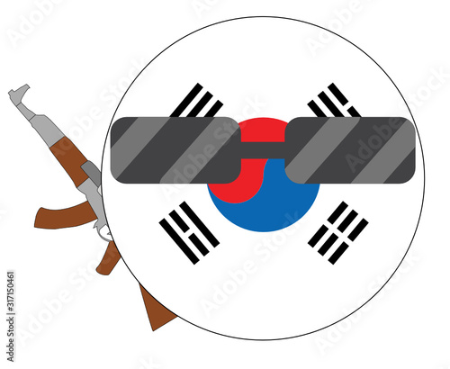 Cool South Korea flag emoji. Round South Korean flag emoticon wearing sunglasses and holding a machine gun. Expression of protest, fighting for freedom, independence, patriotism and South Korean cultu