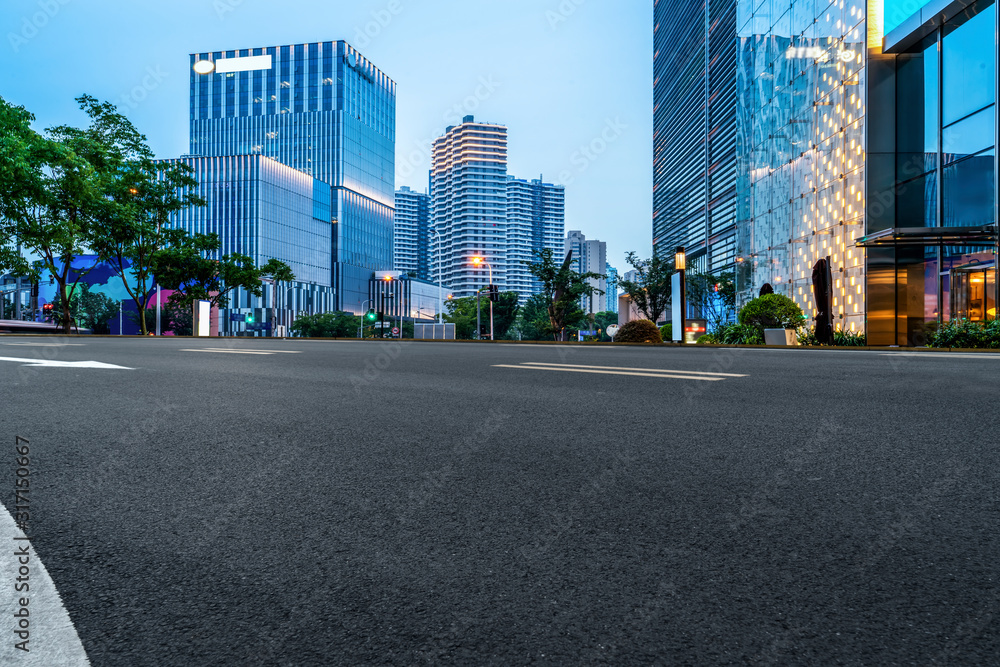 Skyline of Asphalt Pavement and Night Scenery of Shanghai Architectural Landscape