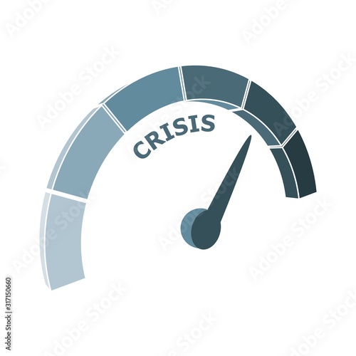 Scale with arrow. The crisis level measuring device icon. Sign tachometer, speedometer, indicators. Infographic gauge element.