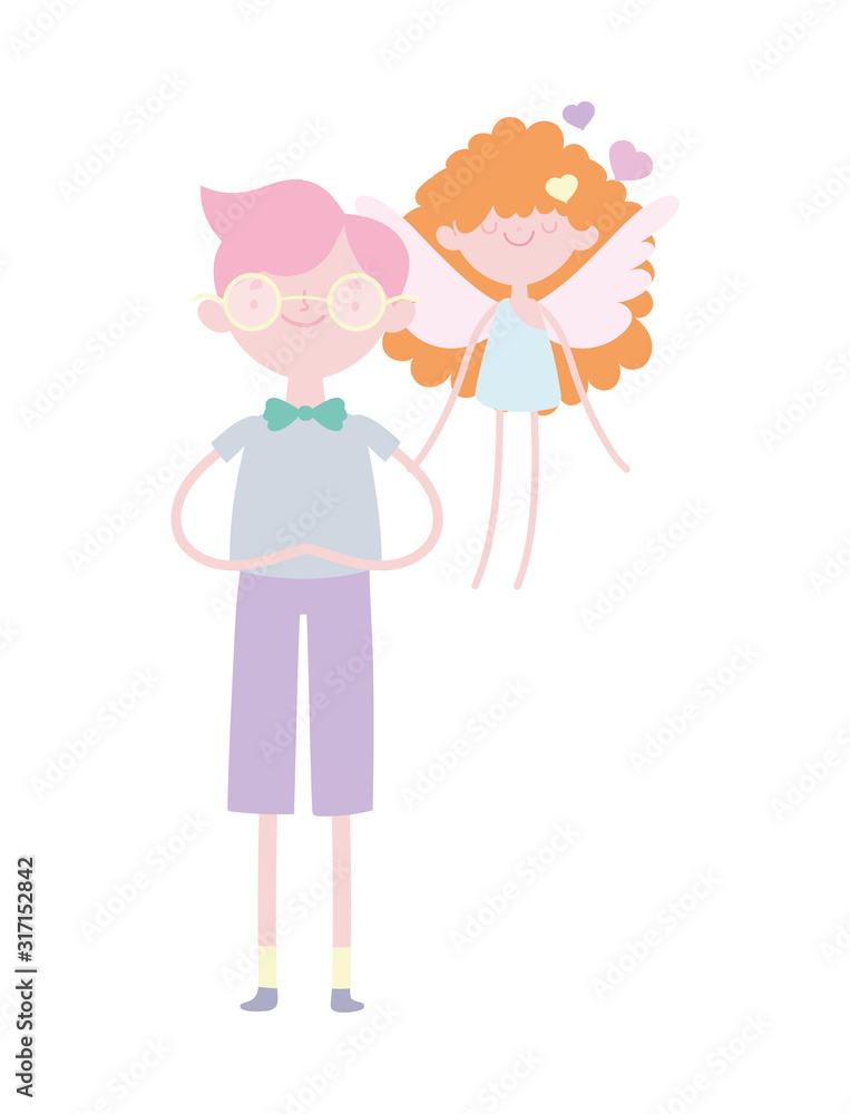 happy valentines day, young man and little cupid wings hearts love happy valentines day, young man and little cupid wings hearts love