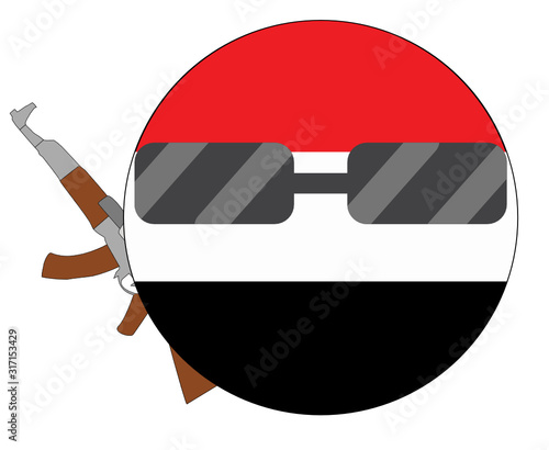 Cool Yemen flag emoji. Round Yemeni flag emoticon wearing sunglasses and holding a machine gun. Expression of protest, fighting for freedom, independence, patriotism and Yemeni culture.