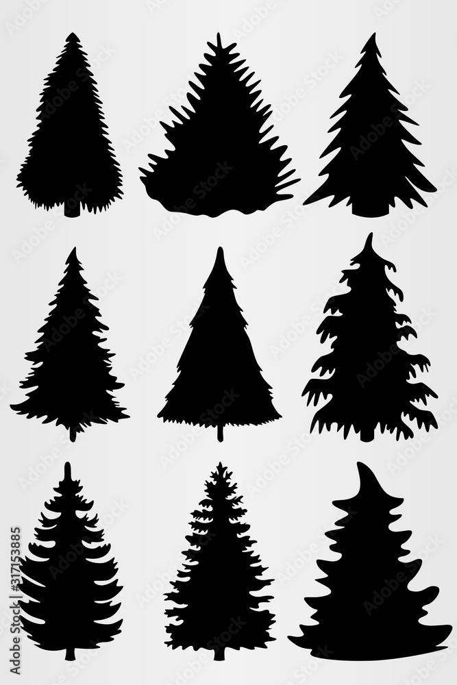 Set of nine conifers. Set for the design of various works, brochures, posters, etc.