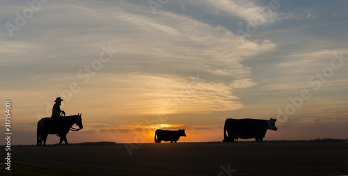 silhouette of cowboy and cattle statues at sunset